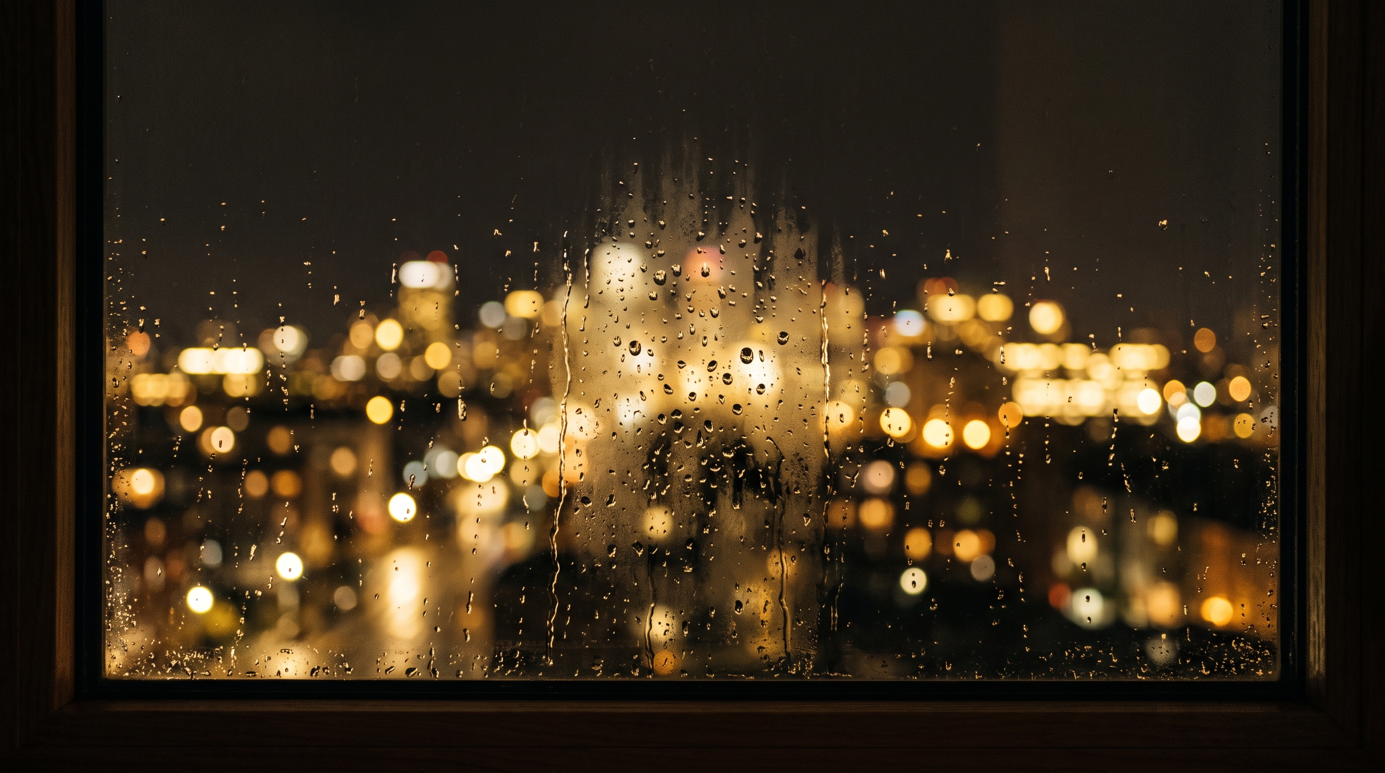 Photorealistic photo of rainy window at night with blurred city lights outside, centered subject with a simple uncluttered composition, warm golden light, calm mood, 16:9 aspect ratio