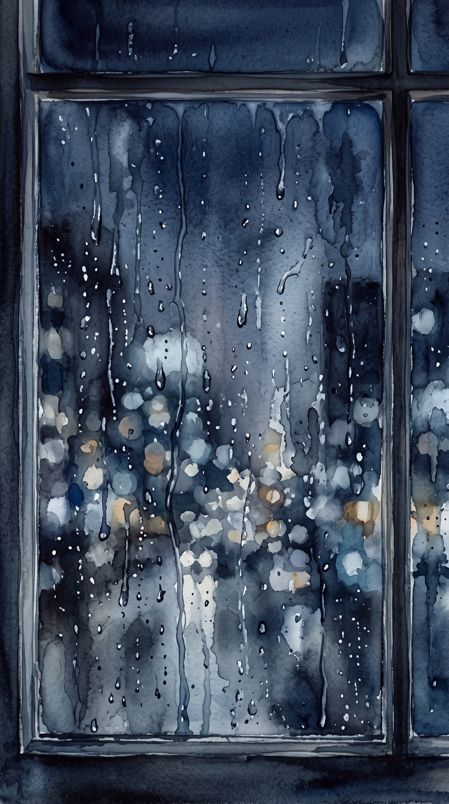 Watercolor illustration of rainy window at night with blurred city lights outside, centered subject with a simple uncluttered composition, cool blue tones, quiet atmosphere, 9:16 aspect ratio