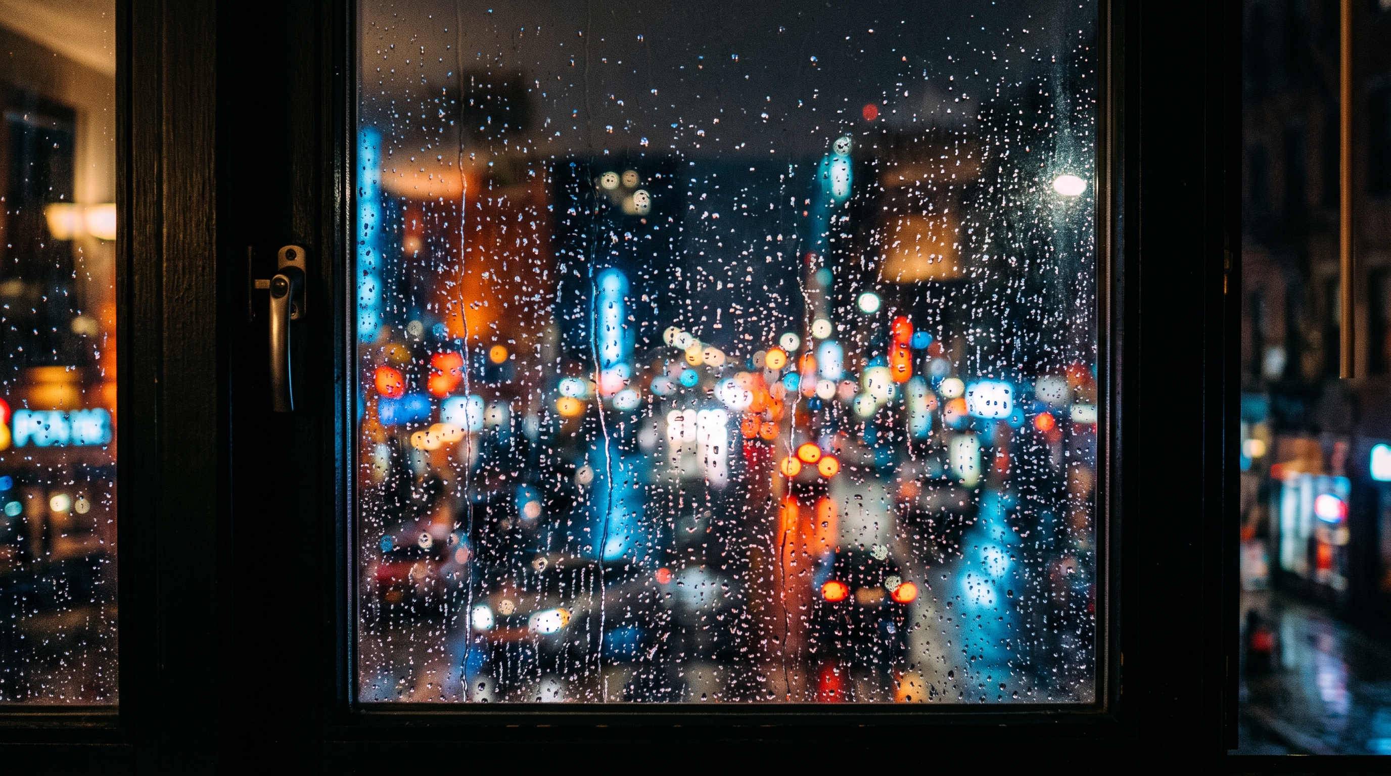 Cinematic film still of rainy window at night with blurred city lights outside, centered subject with a simple uncluttered composition, vivid colors, high contrast, energetic, 16:9 aspect ratio