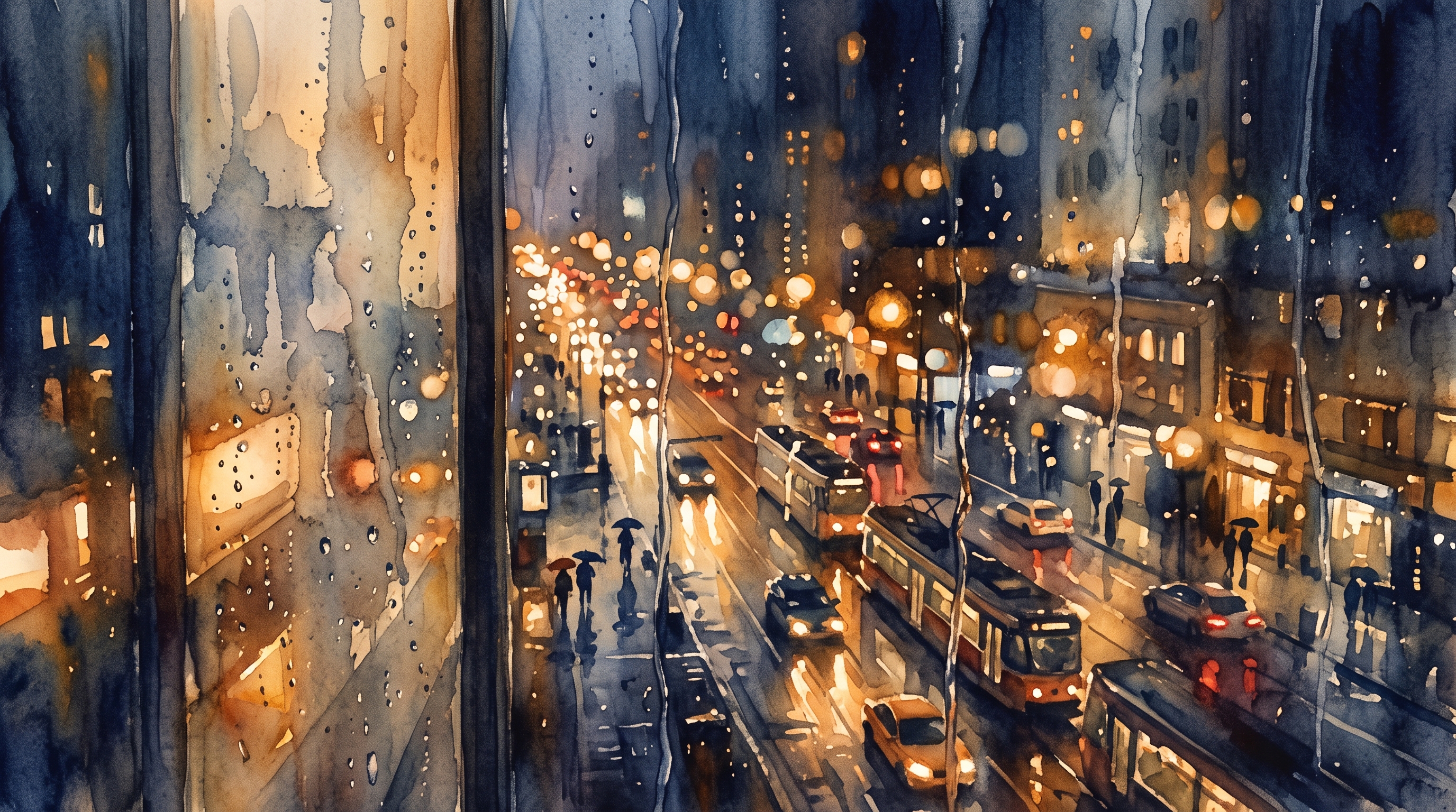 Watercolor illustration of rainy window at night with blurred city lights outside, high-angle view from above, warm golden light, calm mood, 16:9 aspect ratio