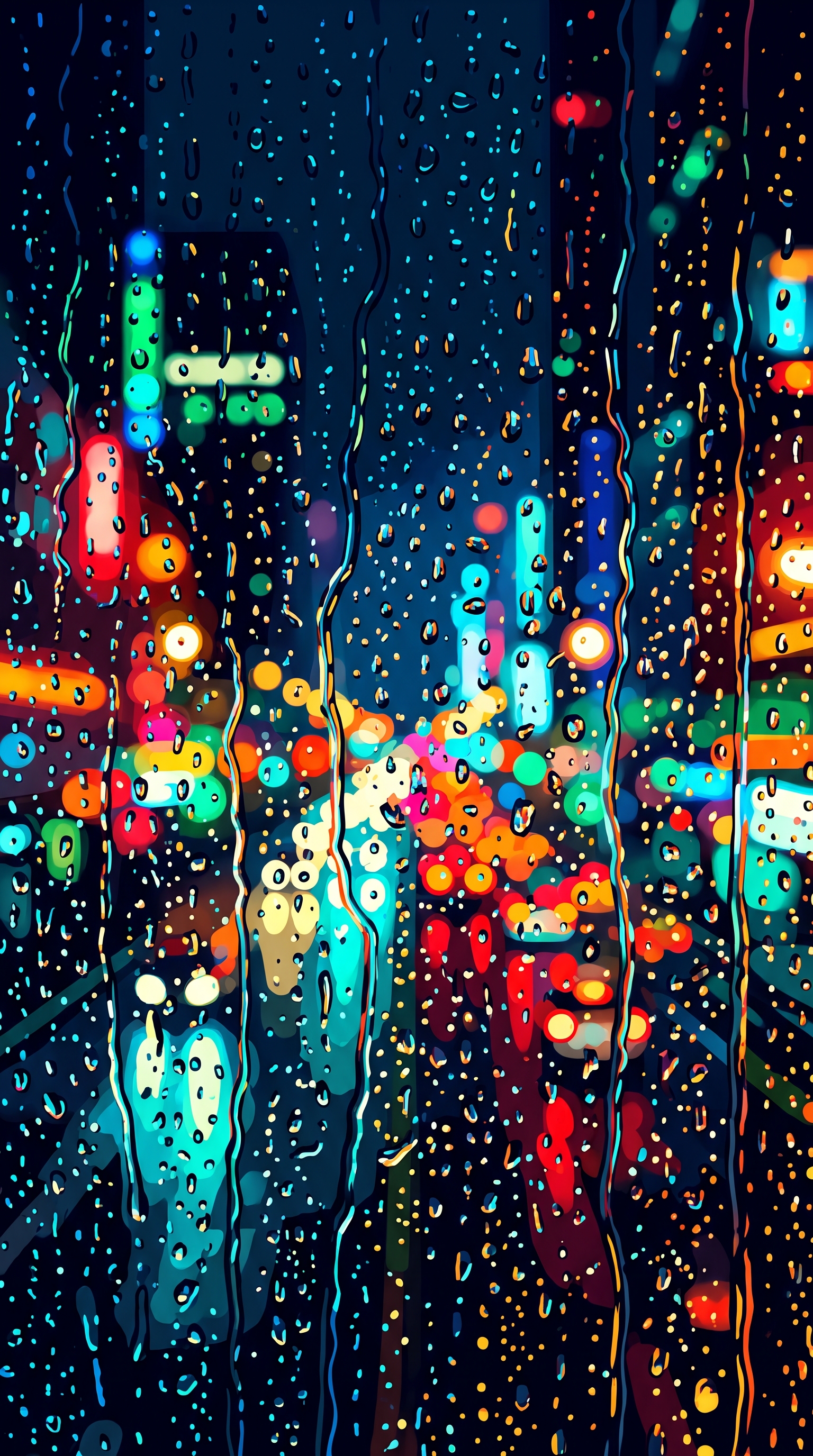 Minimal flat illustration of rainy window at night with blurred city lights outside, close-up detail with shallow depth of field, vivid colors, high contrast, energetic, 9:16 aspect ratio