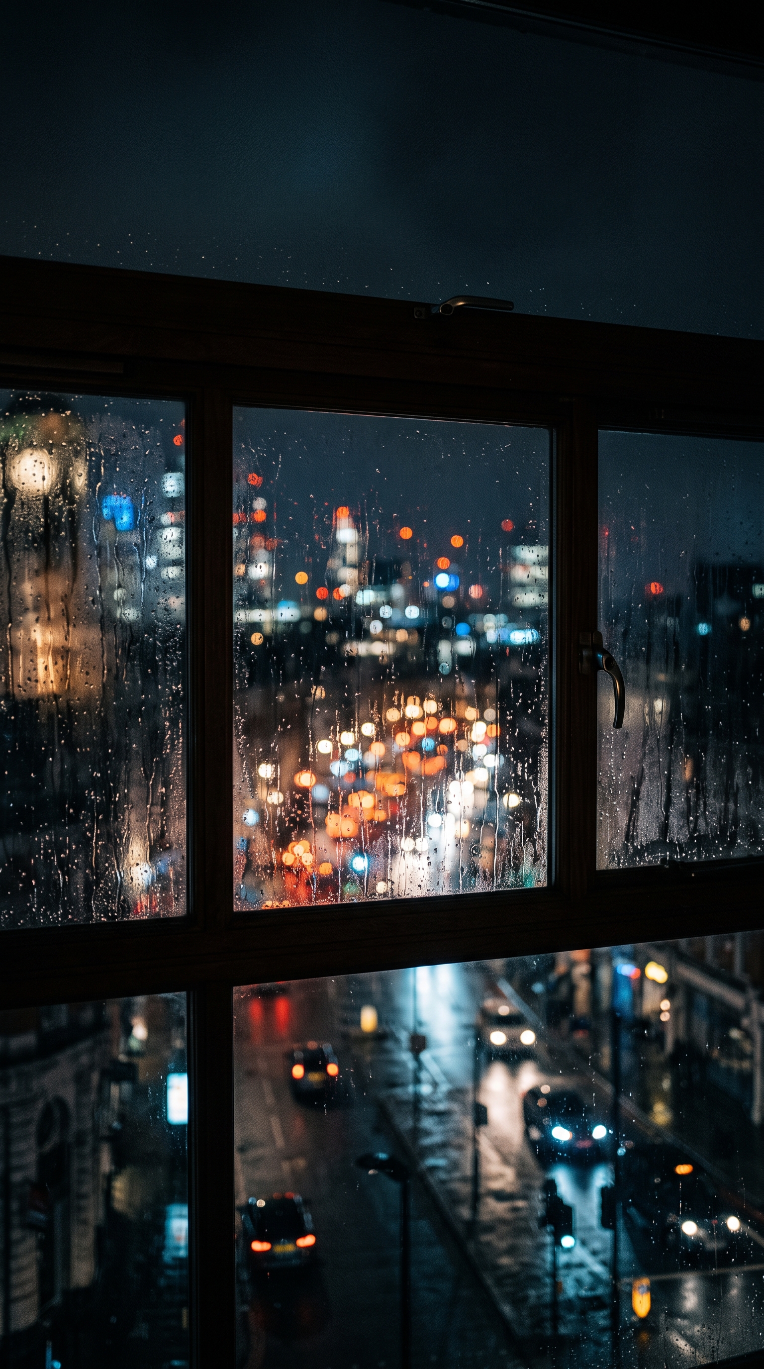 Cinematic film still of rainy window at night with blurred city lights outside, wide shot with open space at the top for text, moody dark tones, dramatic lighting, 9:16 aspect ratio