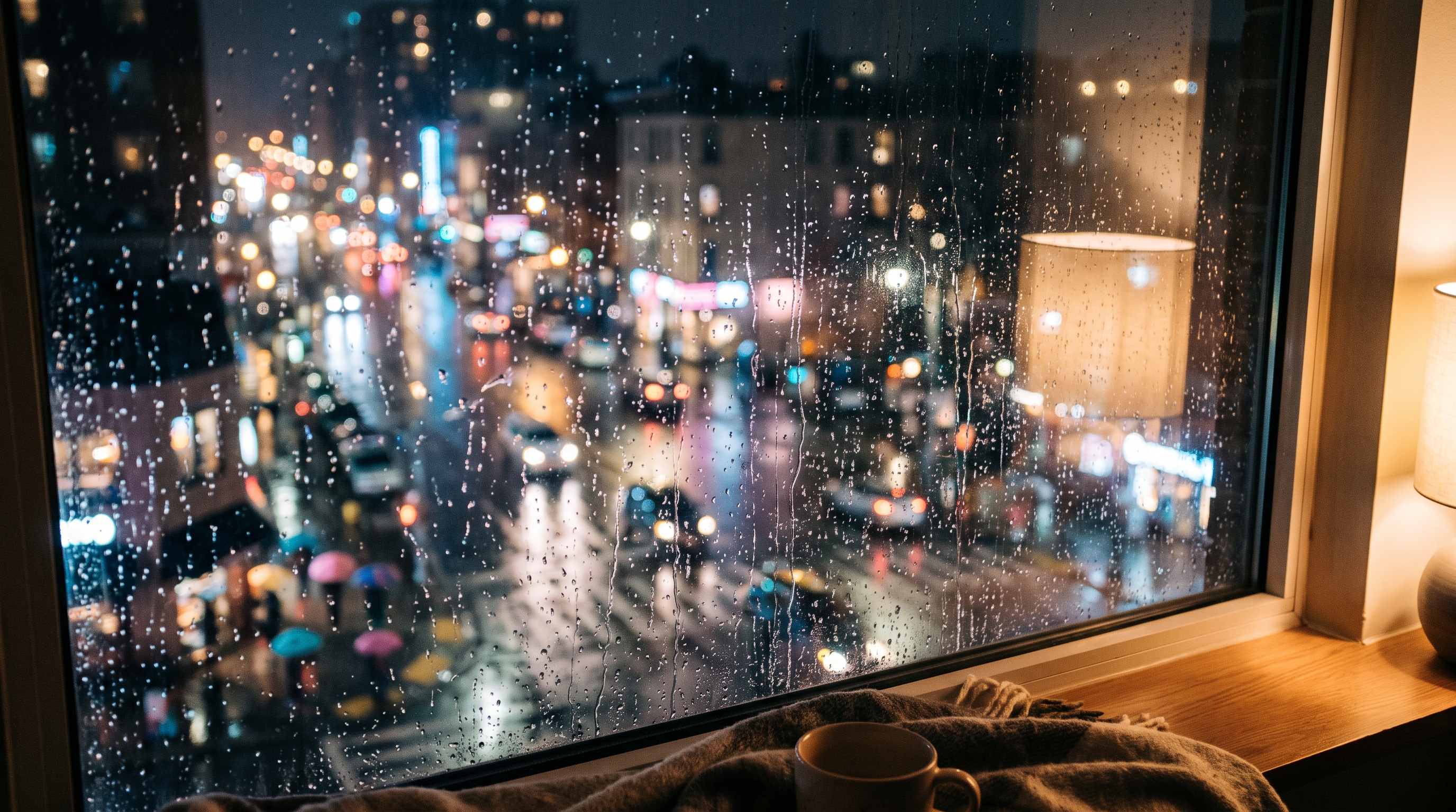 Cinematic film still of rainy window at night with blurred city lights outside, high-angle view from above, soft pastel colors, bright and cozy, 16:9 aspect ratio