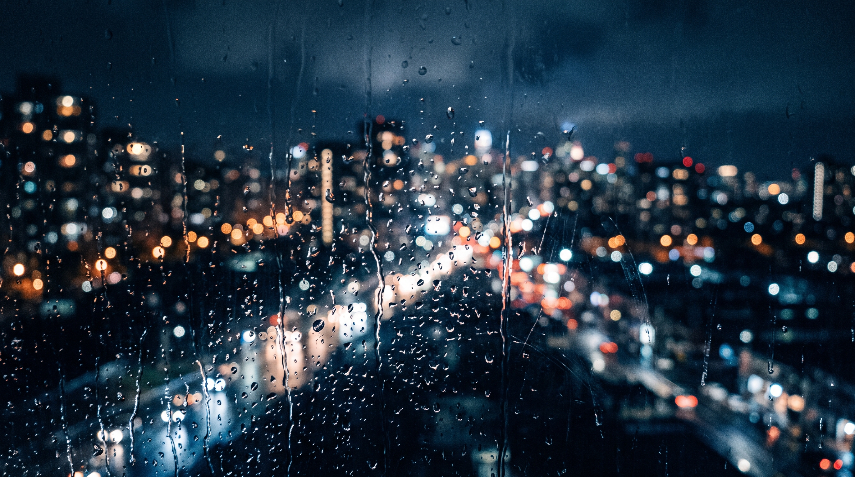 Photorealistic photo of rainy window at night with blurred city lights outside, close-up detail with shallow depth of field, cool blue tones, quiet atmosphere, 16:9 aspect ratio