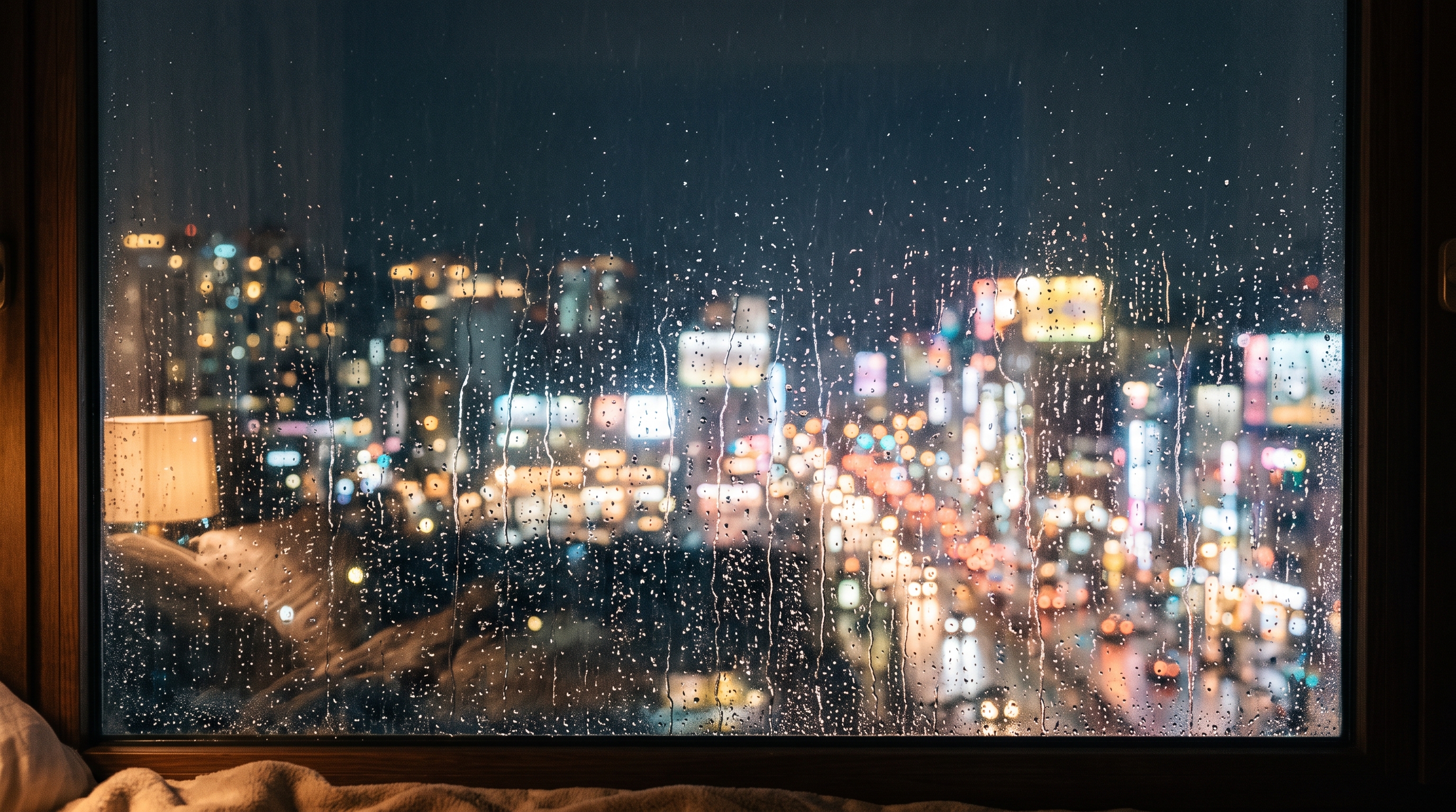 Photorealistic photo of rainy window at night with blurred city lights outside, wide shot with open space at the top for text, soft pastel colors, bright and cozy, 16:9 aspect ratio
