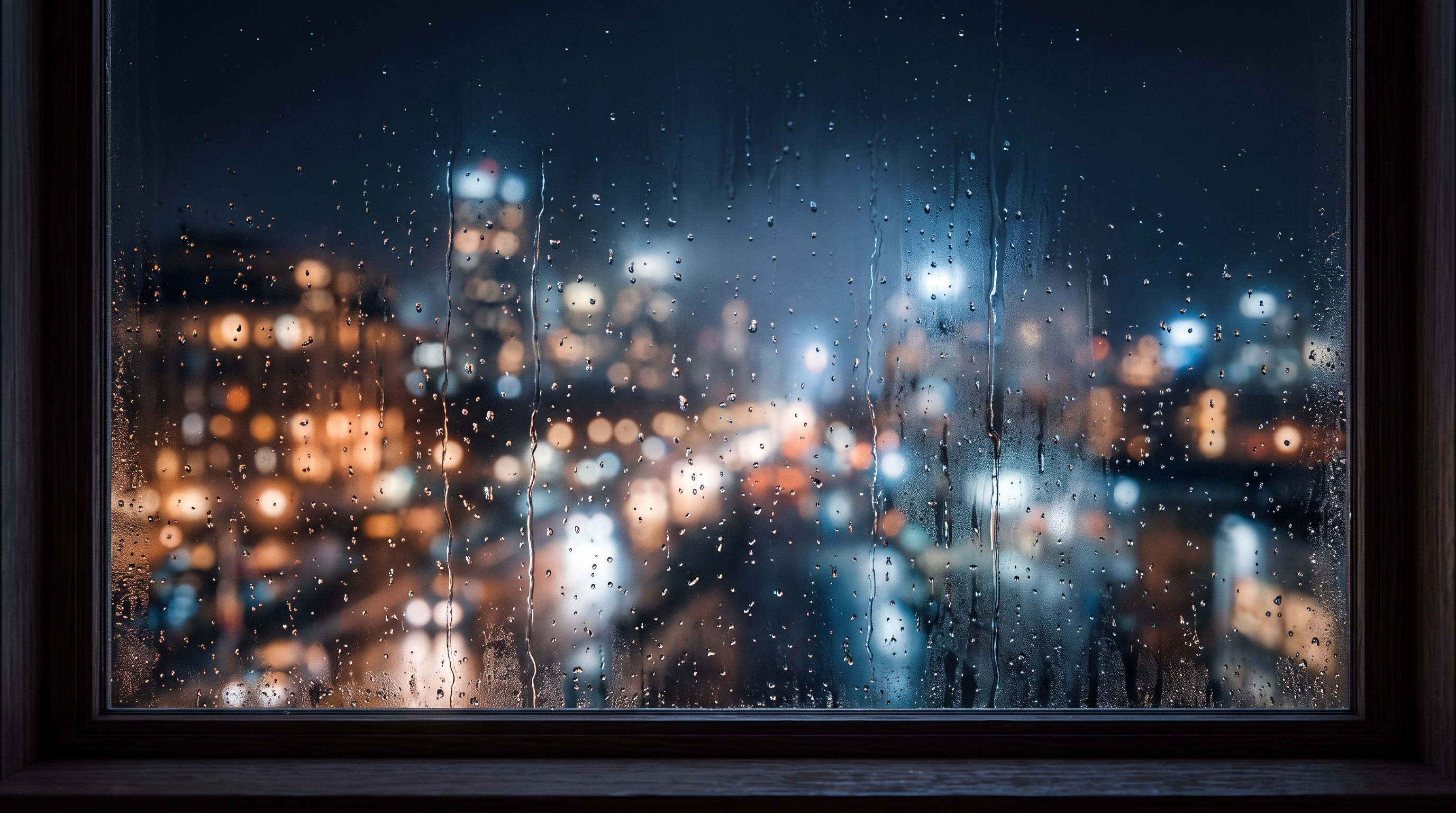 Soft 3d render of rainy window at night with blurred city lights outside, centered subject with a simple uncluttered composition, misty morning haze, dreamy, 16:9 aspect ratio