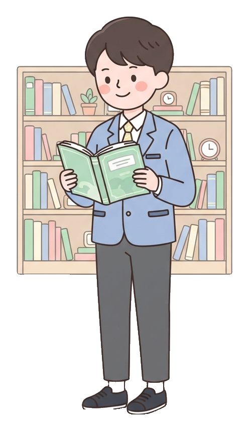 Simple cute flat cartoon illustration with soft pastel colors and thin clean dark outlines of a high school boy, student reading a book in front of a bookshelf, transparent background PNG