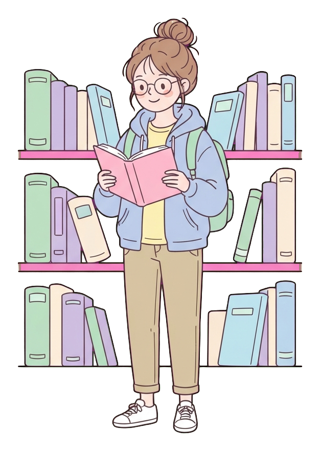 Simple cute flat cartoon illustration with soft pastel colors and thin clean dark outlines of a university student woman, student reading a book in front of a bookshelf, transparent background PNG