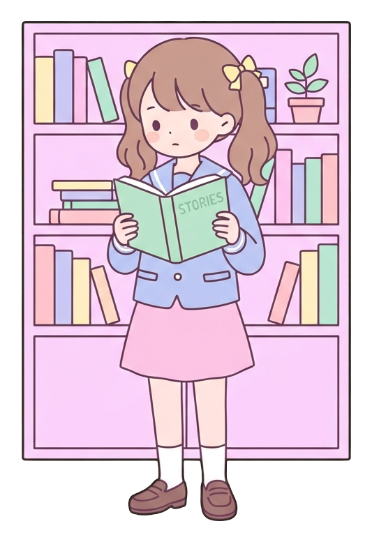 Simple cute flat cartoon illustration with soft pastel colors and thin clean dark outlines of a high school girl, student reading a book in front of a bookshelf, transparent background PNG