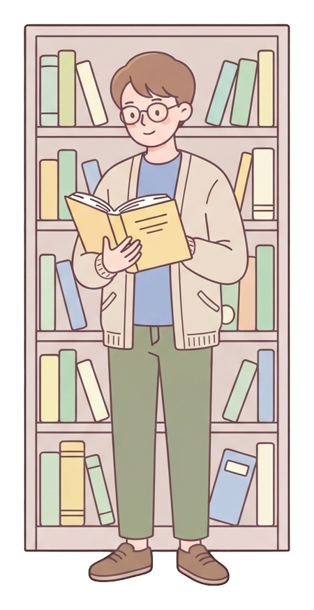Simple cute flat cartoon illustration with soft pastel colors and thin clean dark outlines of a university student man, student reading a book in front of a bookshelf, transparent background PNG