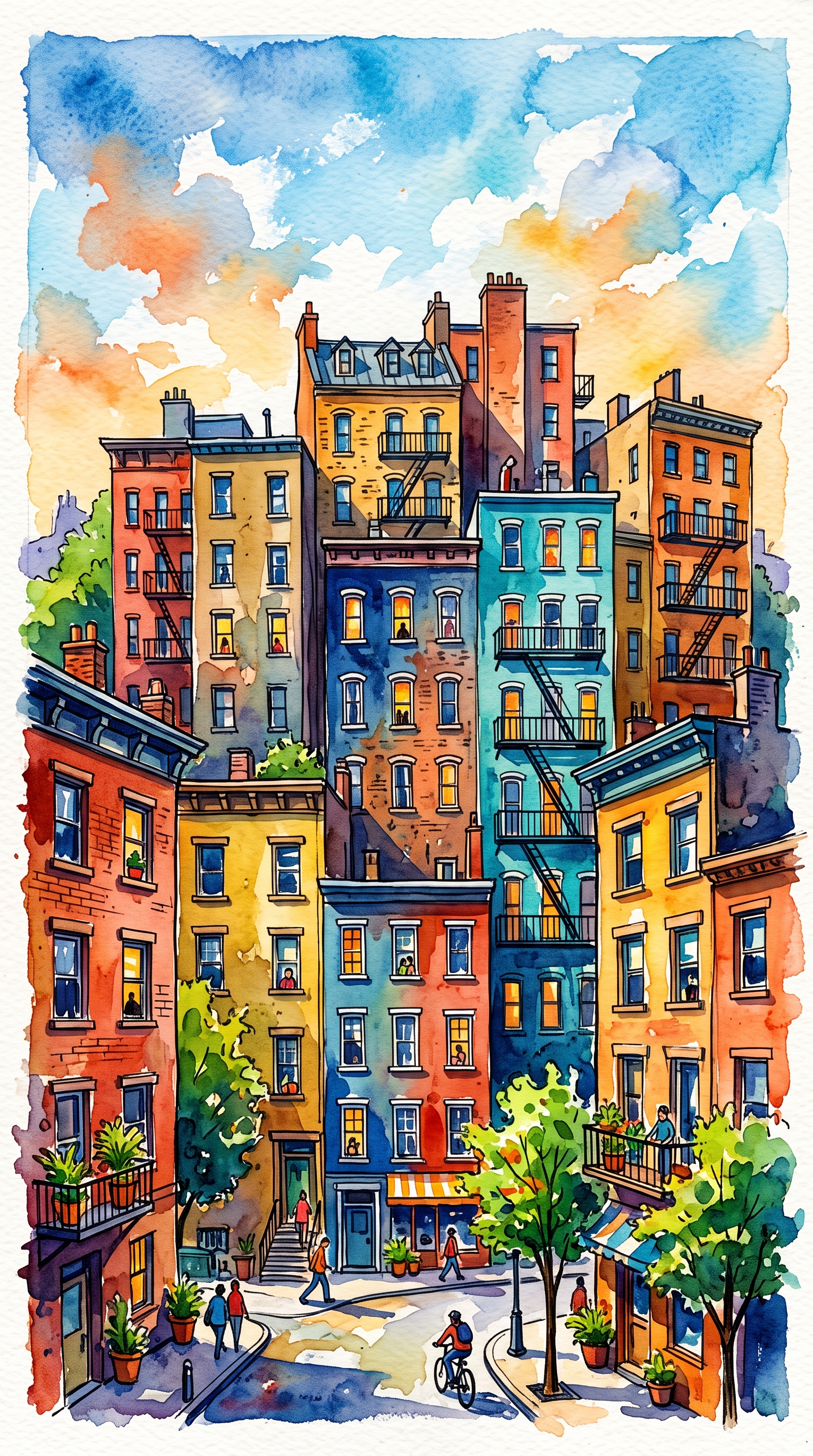 Watercolor illustration of city apartment buildings and houses, centered subject with a simple uncluttered composition, vivid colors, high contrast, energetic, 9:16 aspect ratio