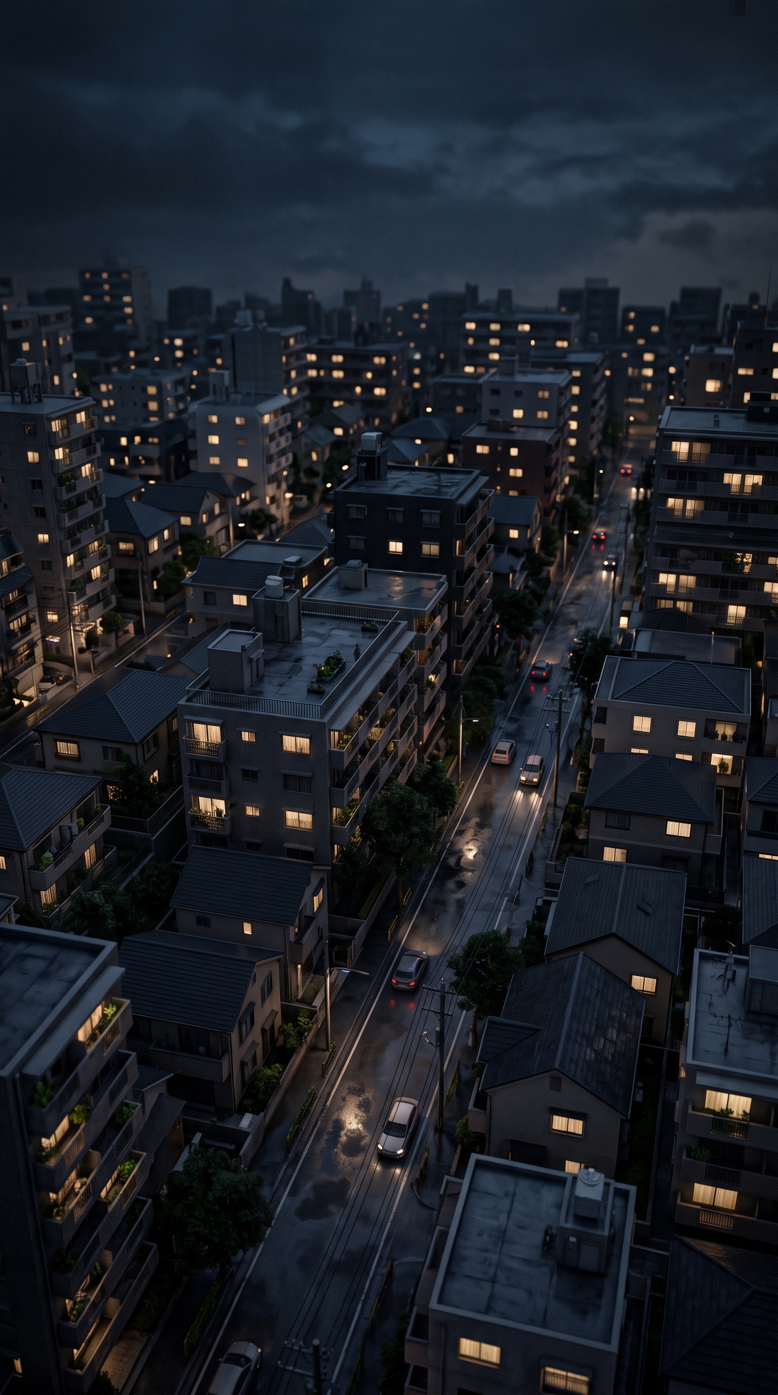 도시 아파트와 주택, 부드러운 3D 렌더링, 위에서 내려다본 구도, 어두운 톤, 극적인 조명, 9:16 비율
