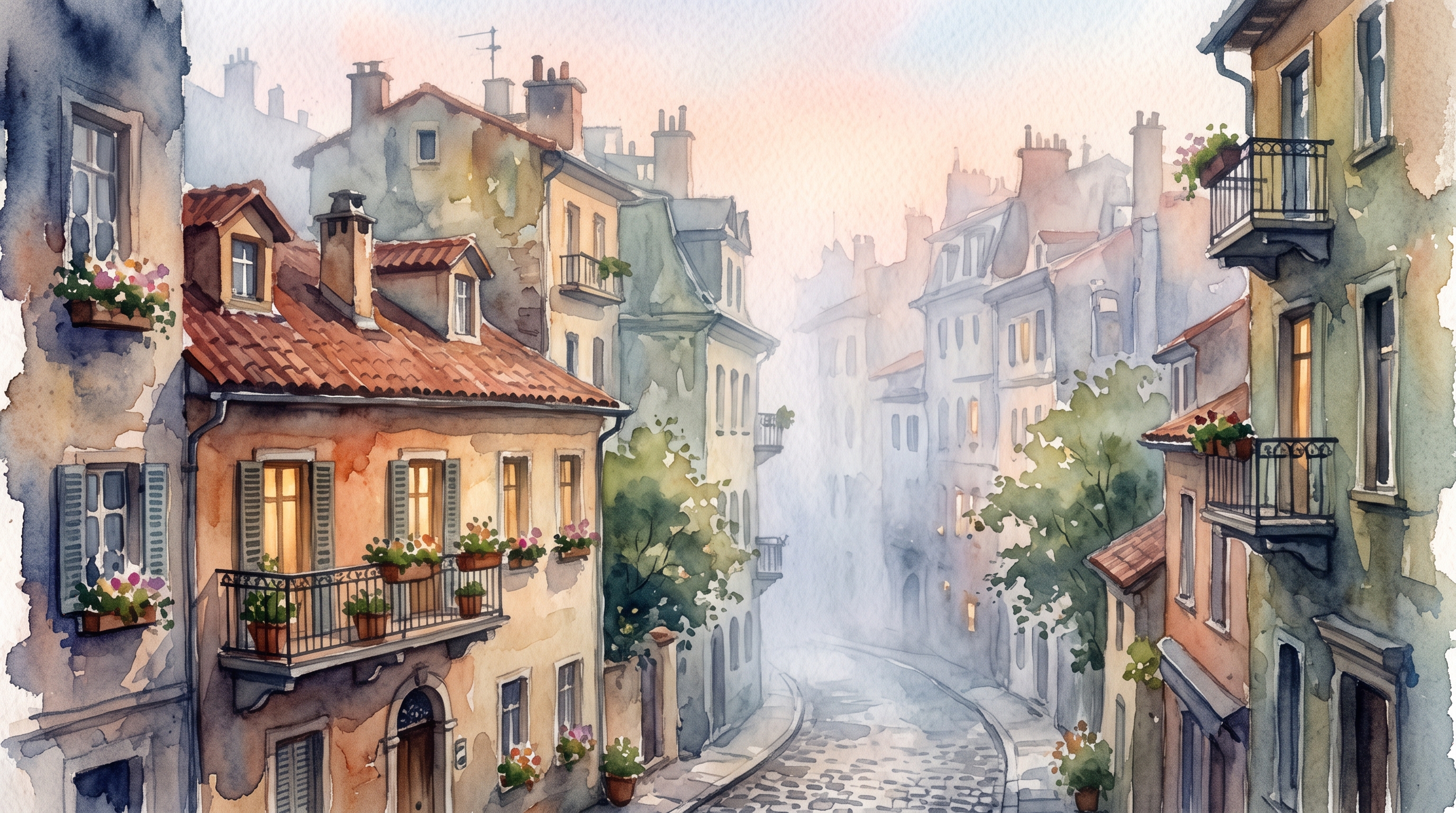 Watercolor illustration of city apartment buildings and houses, close-up detail with shallow depth of field, misty morning haze, dreamy, 16:9 aspect ratio