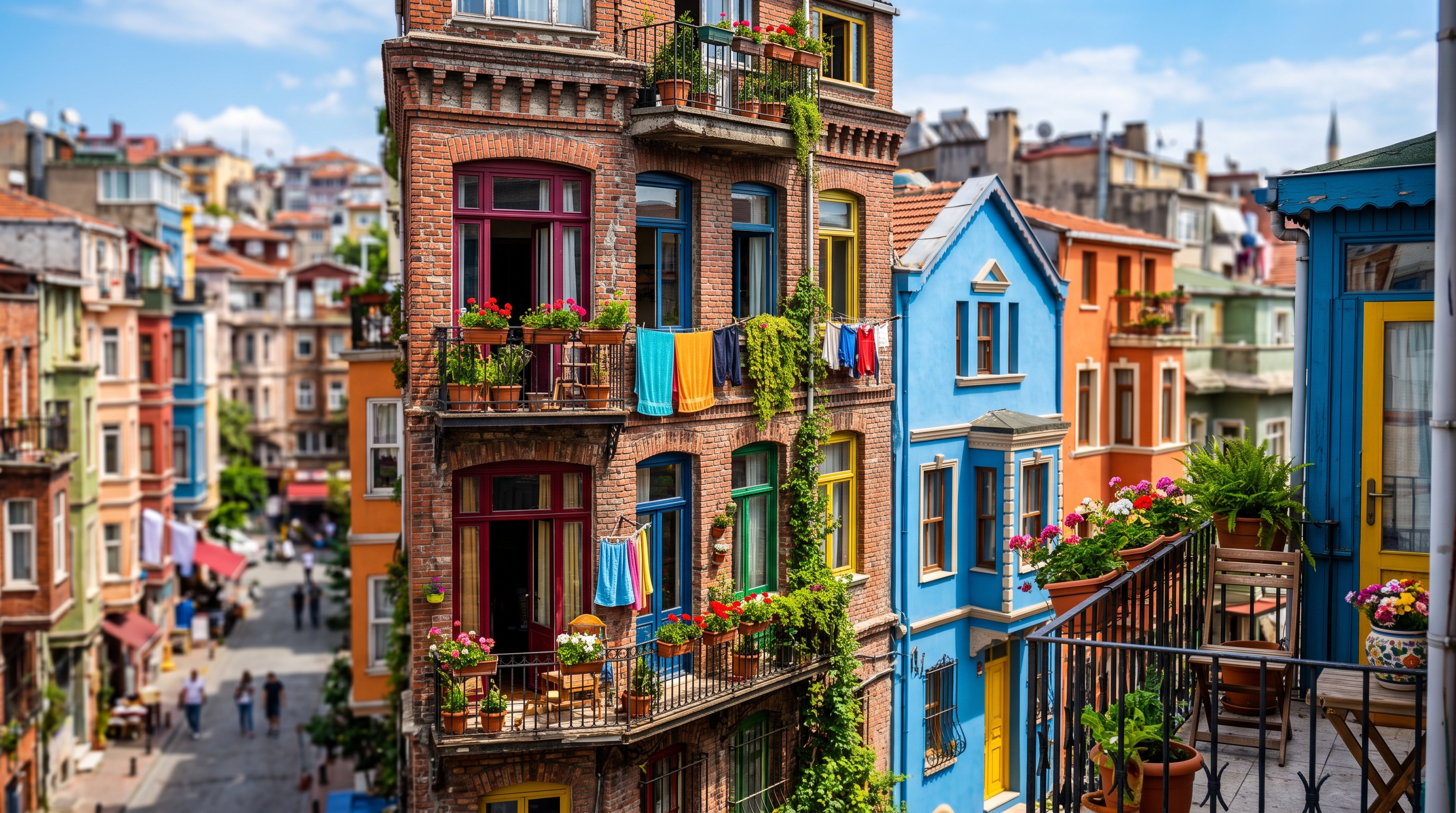 Photorealistic photo of city apartment buildings and houses, close-up detail with shallow depth of field, vivid colors, high contrast, energetic, 16:9 aspect ratio