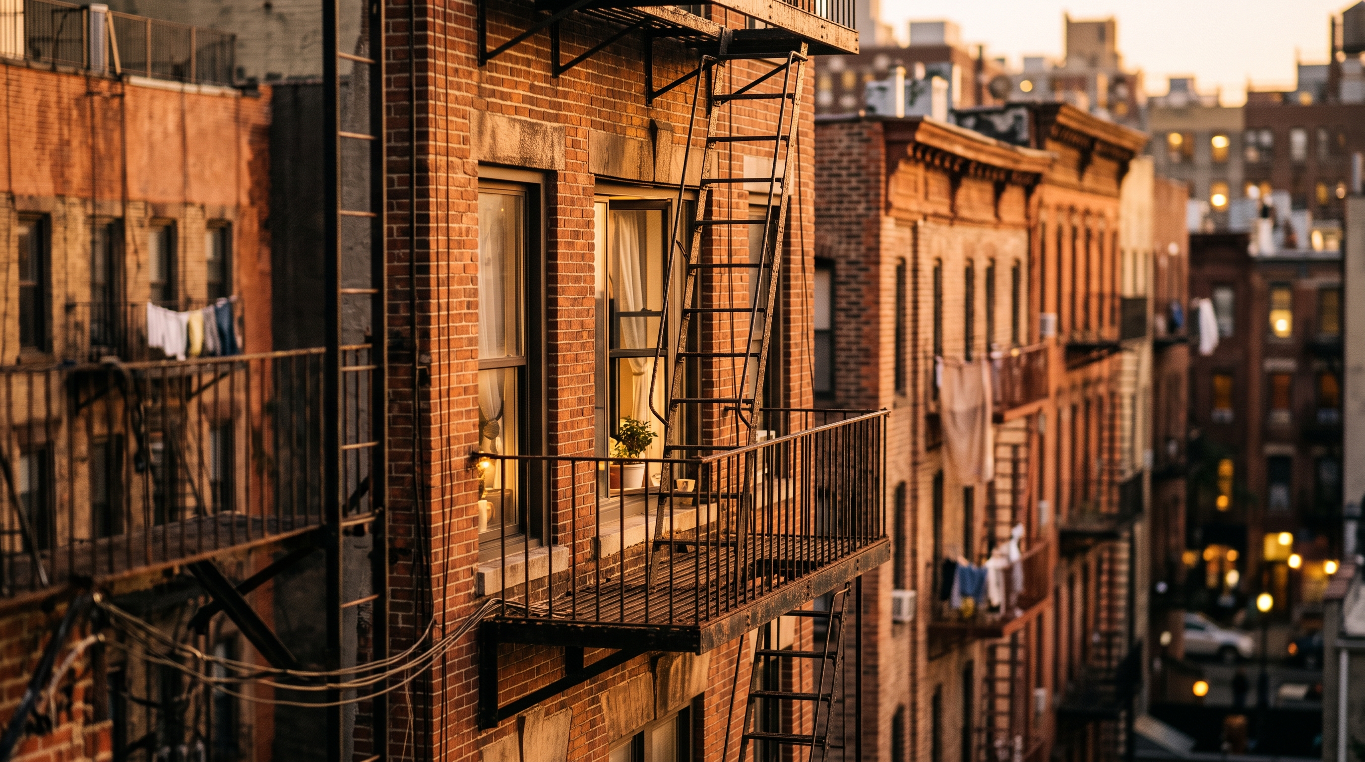Cinematic film still of city apartment buildings and houses, close-up detail with shallow depth of field, warm golden light, calm mood, 16:9 aspect ratio