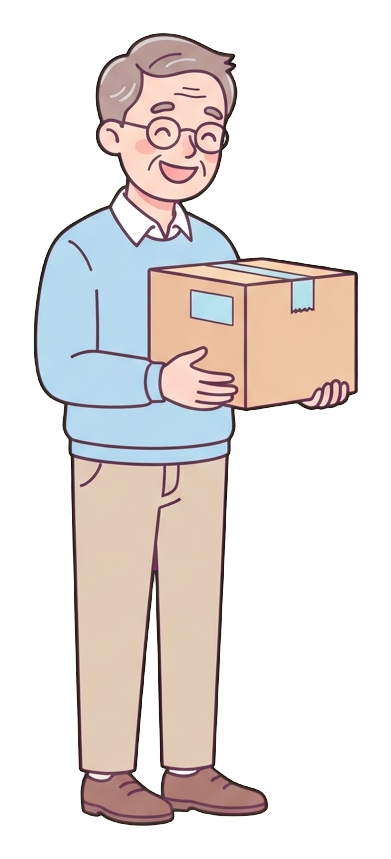 Simple cute flat cartoon illustration with soft pastel colors and thin clean dark outlines of a middle-aged man, person happily receiving a parcel box, transparent background PNG