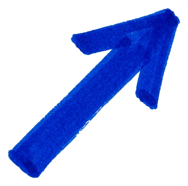 오른쪽 위를 가리키는 파란 화살표, 손으로 그린 마커 느낌, 투명 배경(누끼) PNG