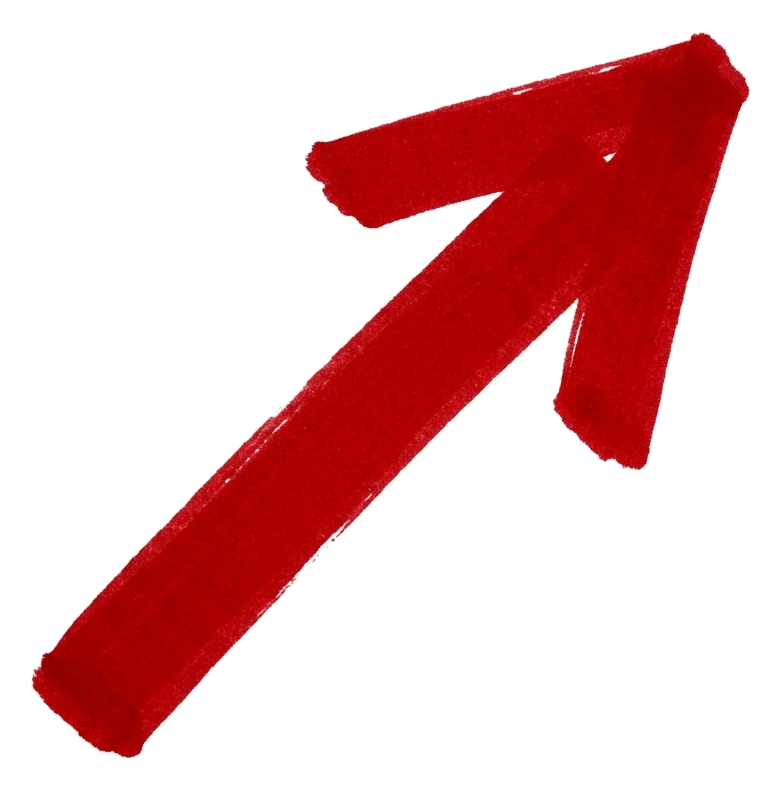 Hand-drawn marker stroke of a red arrow pointing diagonally up to the right, transparent background PNG