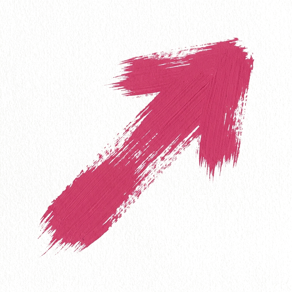 Dry brush stroke with rough edges of a pink arrow pointing diagonally up to the right, transparent background PNG