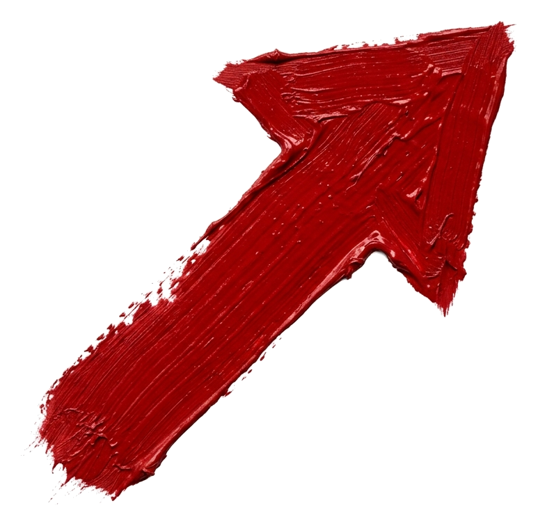Thick paint brush stroke of a red arrow pointing diagonally up to the right, transparent background PNG