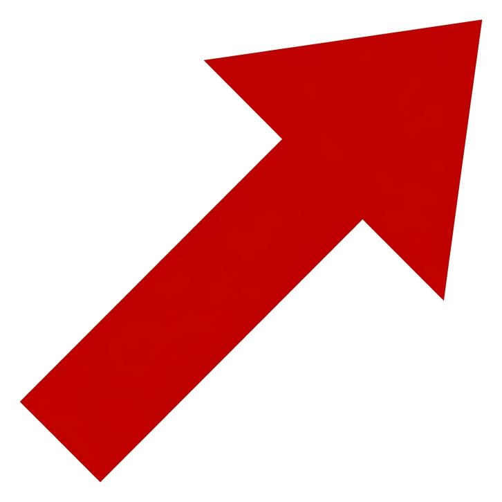 Bold flat vector style of a red arrow pointing diagonally up to the right, transparent background PNG