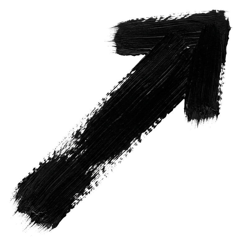 Thick paint brush stroke of a black arrow pointing diagonally up to the right, transparent background PNG