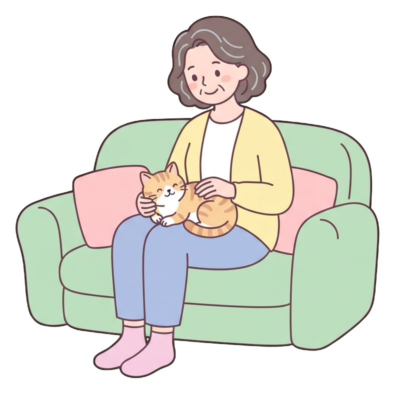 Simple cute flat cartoon illustration with soft pastel colors and thin clean dark outlines of a middle-aged woman, person relaxing on a sofa with a cat on the lap, transparent background PNG