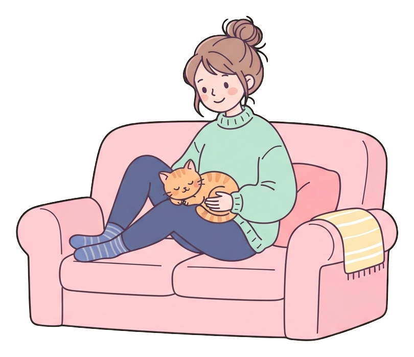 Simple cute flat cartoon illustration with soft pastel colors and thin clean dark outlines of a young woman, person relaxing on a sofa with a cat on the lap, transparent background PNG