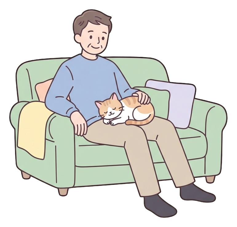 Simple cute flat cartoon illustration with soft pastel colors and thin clean dark outlines of a middle-aged man, person relaxing on a sofa with a cat on the lap, transparent background PNG
