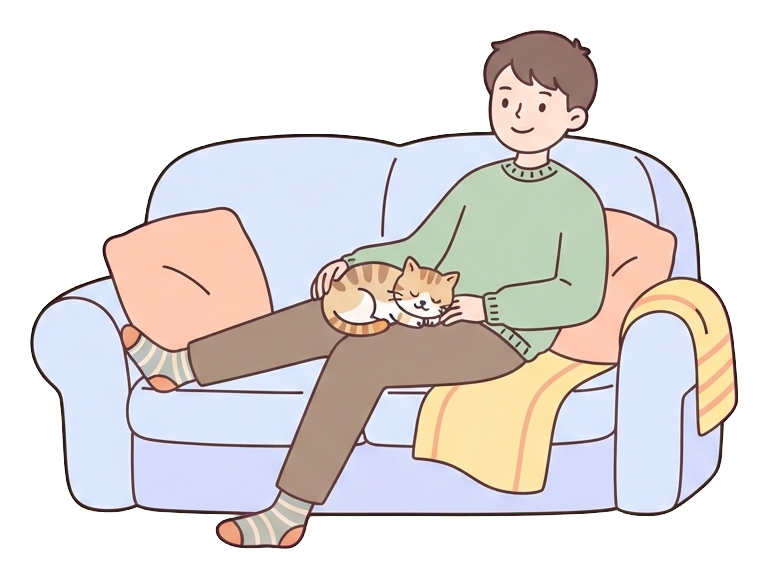 Simple cute flat cartoon illustration with soft pastel colors and thin clean dark outlines of a young man, person relaxing on a sofa with a cat on the lap, transparent background PNG