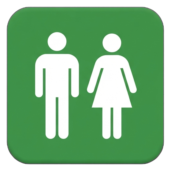 Pictogram sign, white figure on a solid green rounded square of a restroom pictogram with a man and a woman figure, transparent background PNG