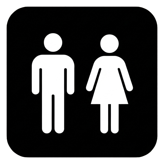 標誌象形圖，純黑色圓角方塊上的白色男女洗手間象形圖人物，透明背景 PNG