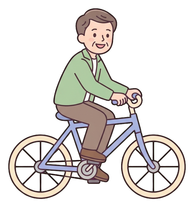 Ilustração de desenho animado plana, simples e fofa, com cores pastel suaves e contornos escuros limpos e finos de um homem de meia-idade, pessoa andando de bicicleta alegremente, fundo transparente PNG