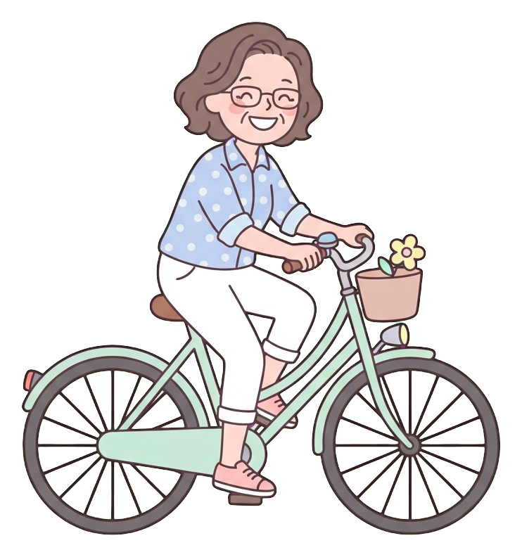 Ilustração de desenho animado plana, simples e fofa, com cores pastel suaves e contornos escuros limpos e finos de uma mulher de meia-idade, pessoa andando de bicicleta alegremente, fundo transparente PNG
