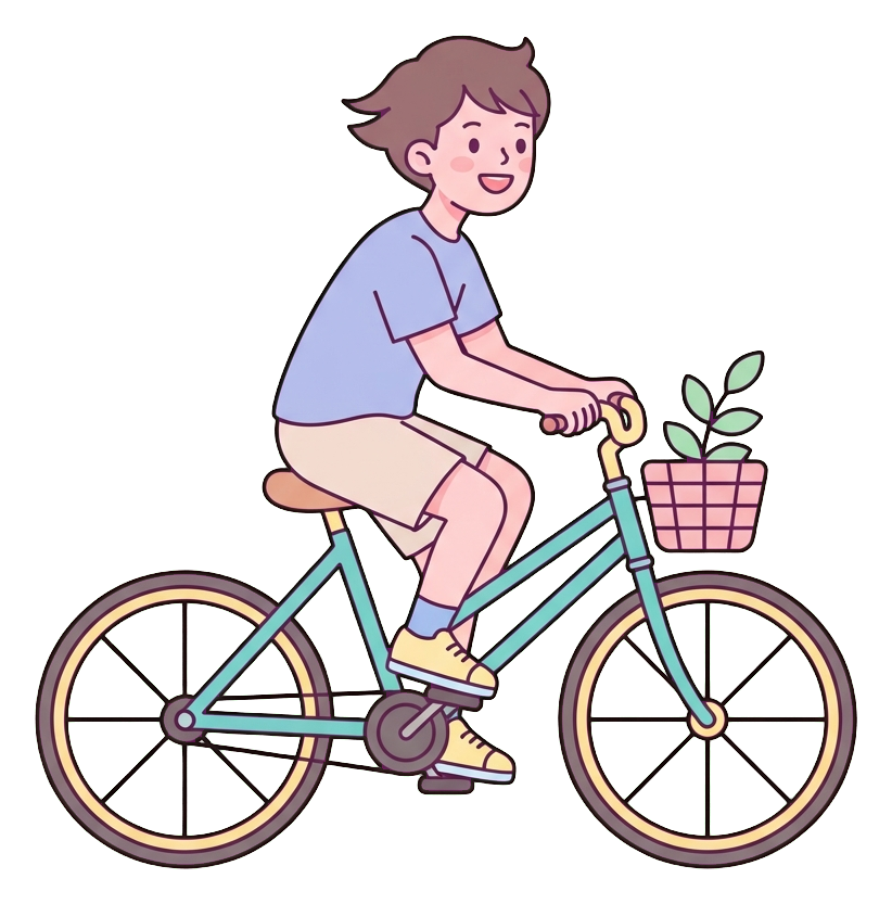 Simple cute flat cartoon illustration with soft pastel colors and thin clean dark outlines of a young man, person riding a bicycle happily, transparent background PNG