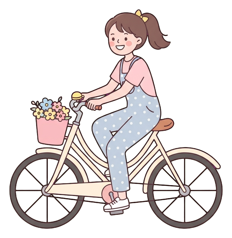 Simple cute flat cartoon illustration with soft pastel colors and thin clean dark outlines of a young woman, person riding a bicycle happily, transparent background PNG