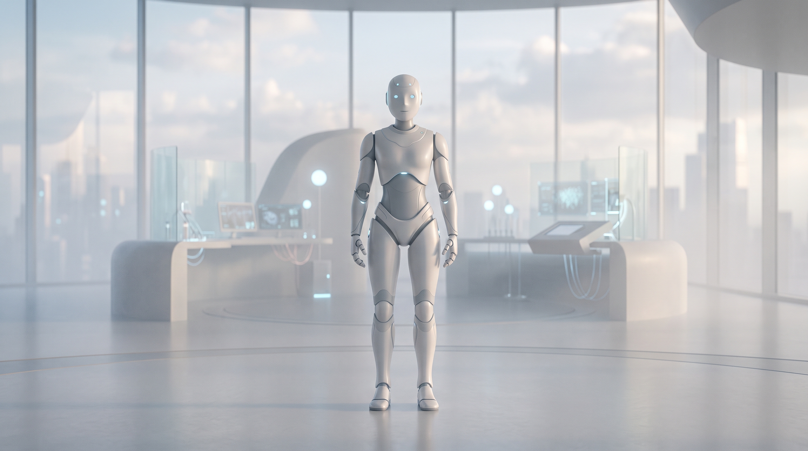 Soft 3d render of humanoid robot in a futuristic lab, centered subject with a simple uncluttered composition, misty morning haze, dreamy, 16:9 aspect ratio