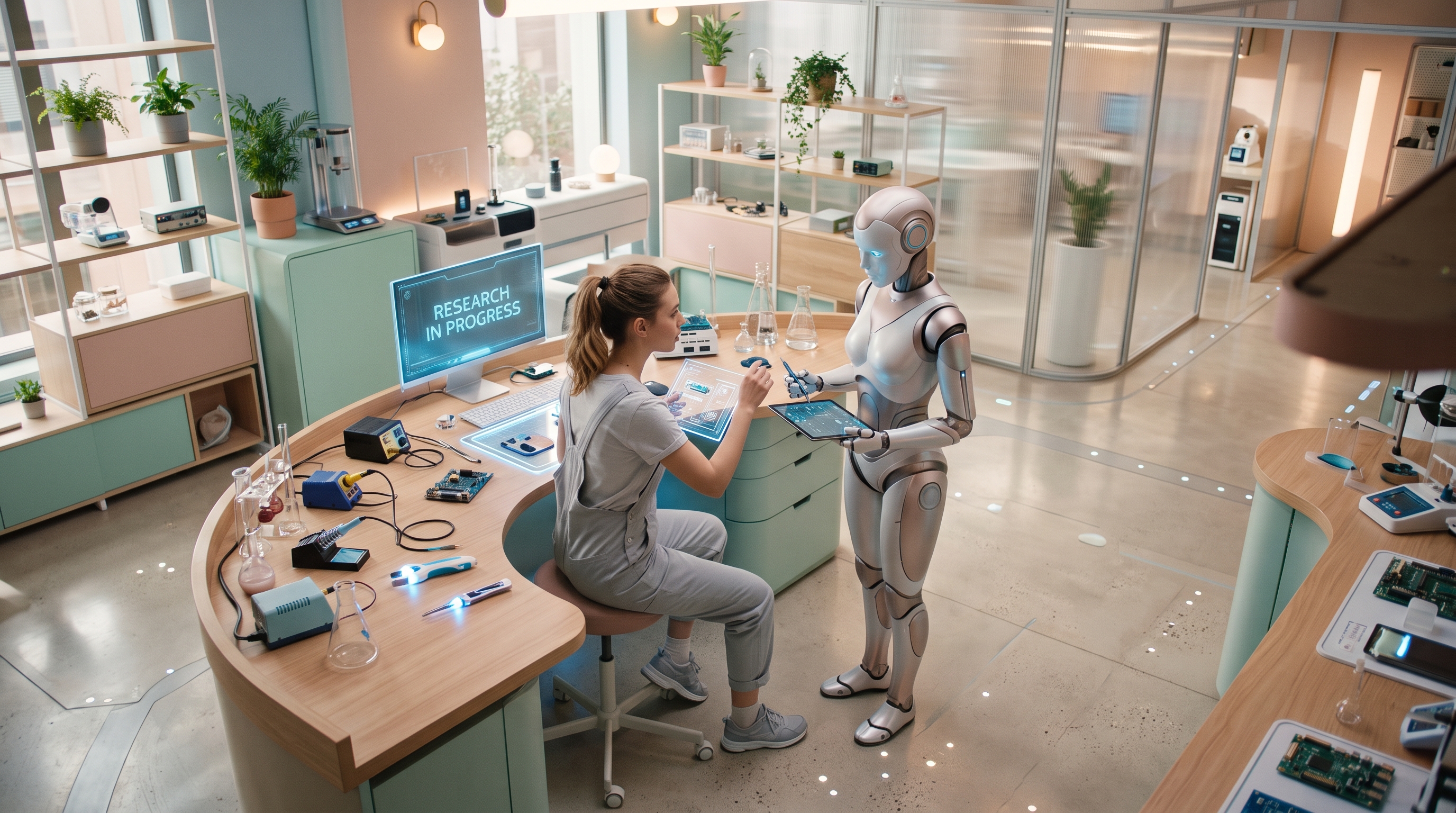 Cinematic film still of humanoid robot in a futuristic lab, high-angle view from above, soft pastel colors, bright and cozy, 16:9 aspect ratio