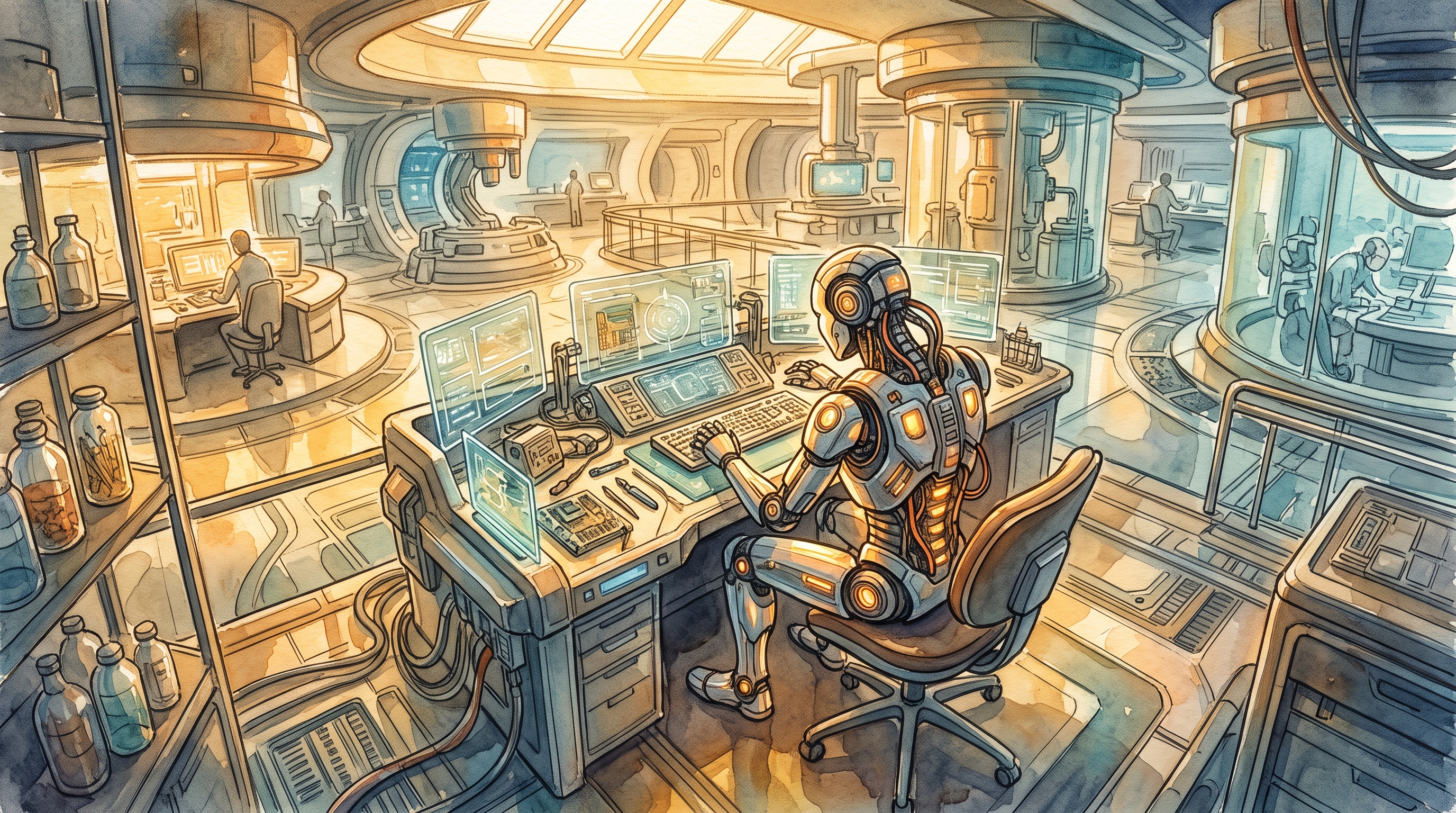Watercolor illustration of humanoid robot in a futuristic lab, high-angle view from above, warm golden light, calm mood, 16:9 aspect ratio