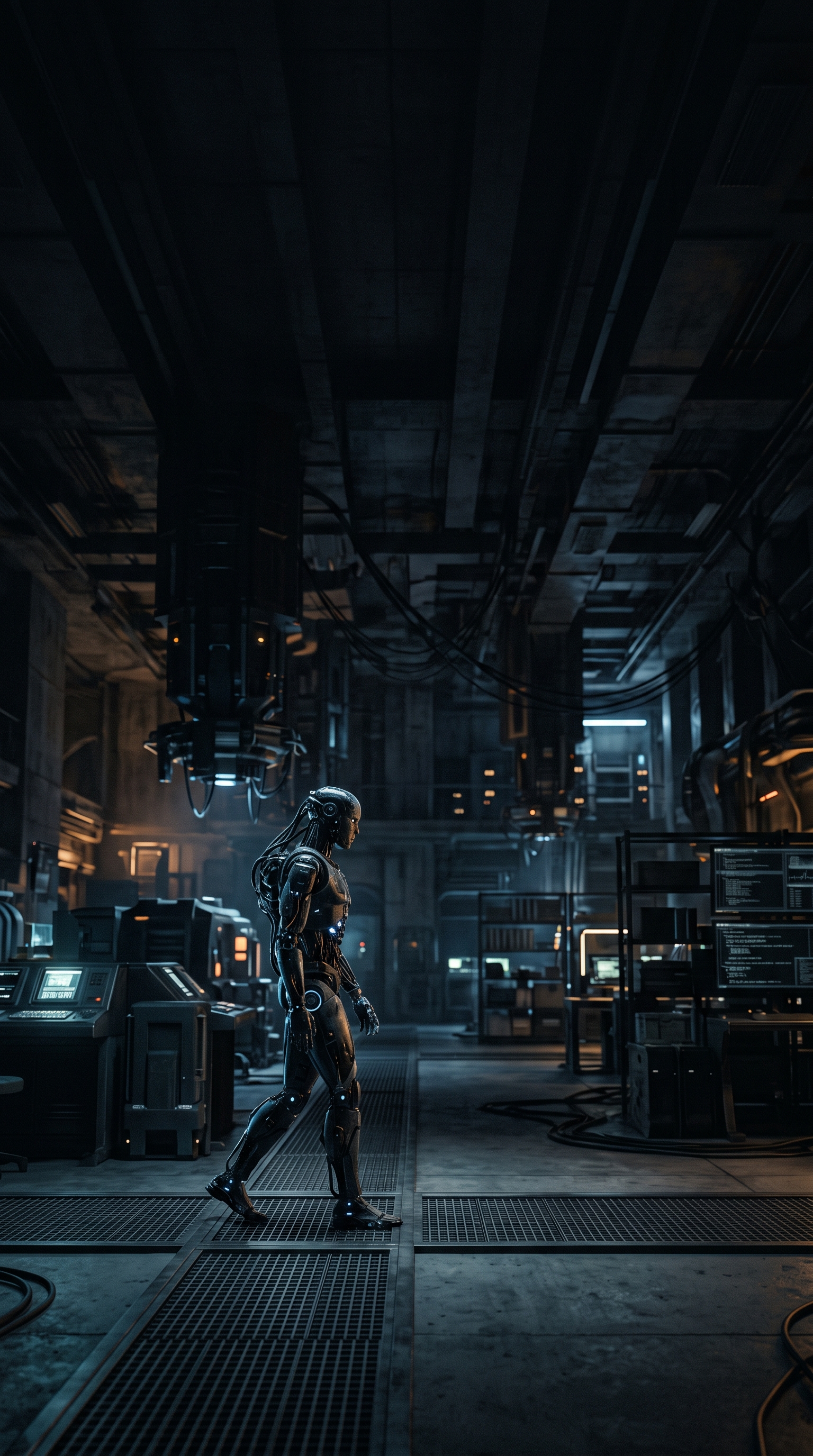 Cinematic film still of humanoid robot in a futuristic lab, wide shot with open space at the top for text, moody dark tones, dramatic lighting, 9:16 aspect ratio