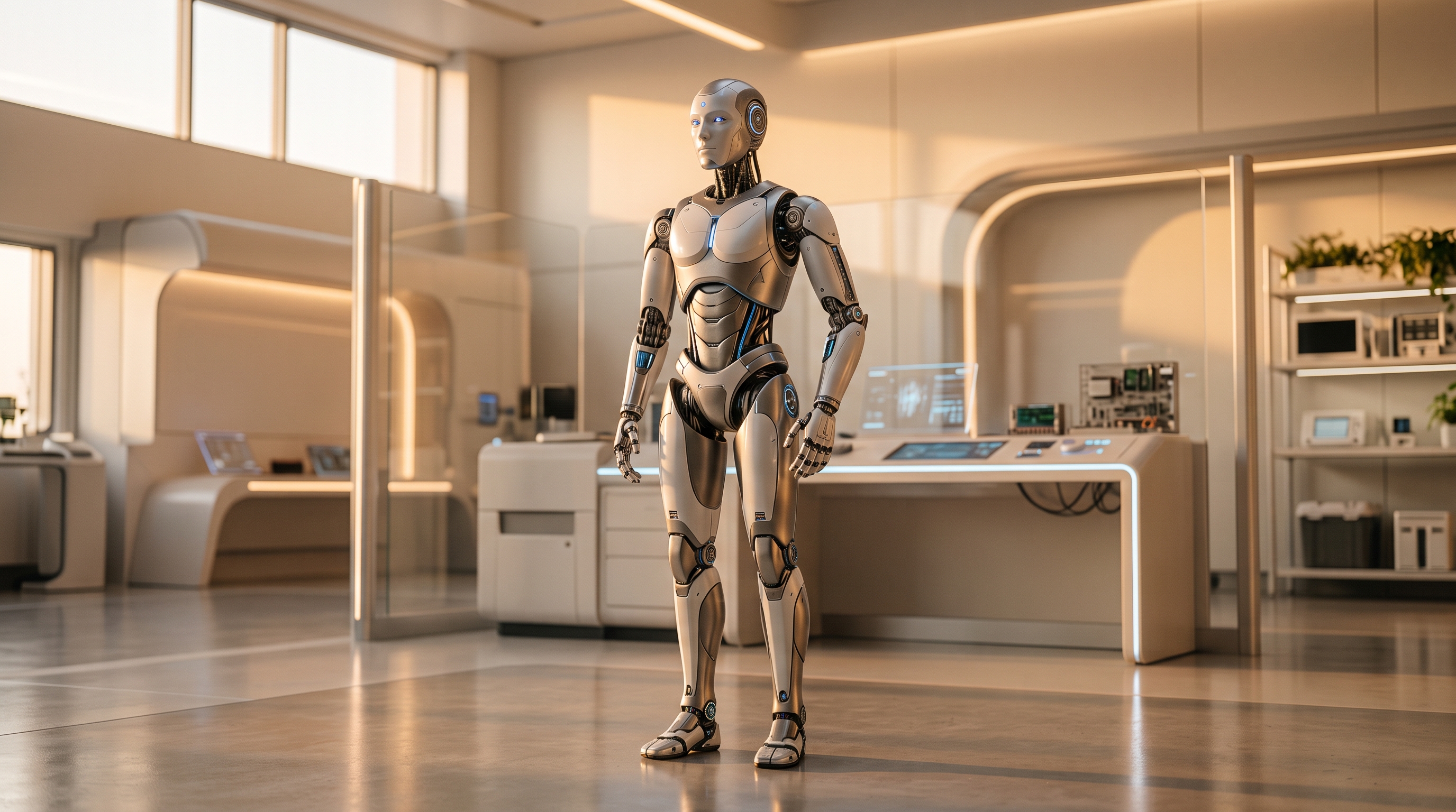 Photorealistic photo of humanoid robot in a futuristic lab, centered subject with a simple uncluttered composition, warm golden light, calm mood, 16:9 aspect ratio