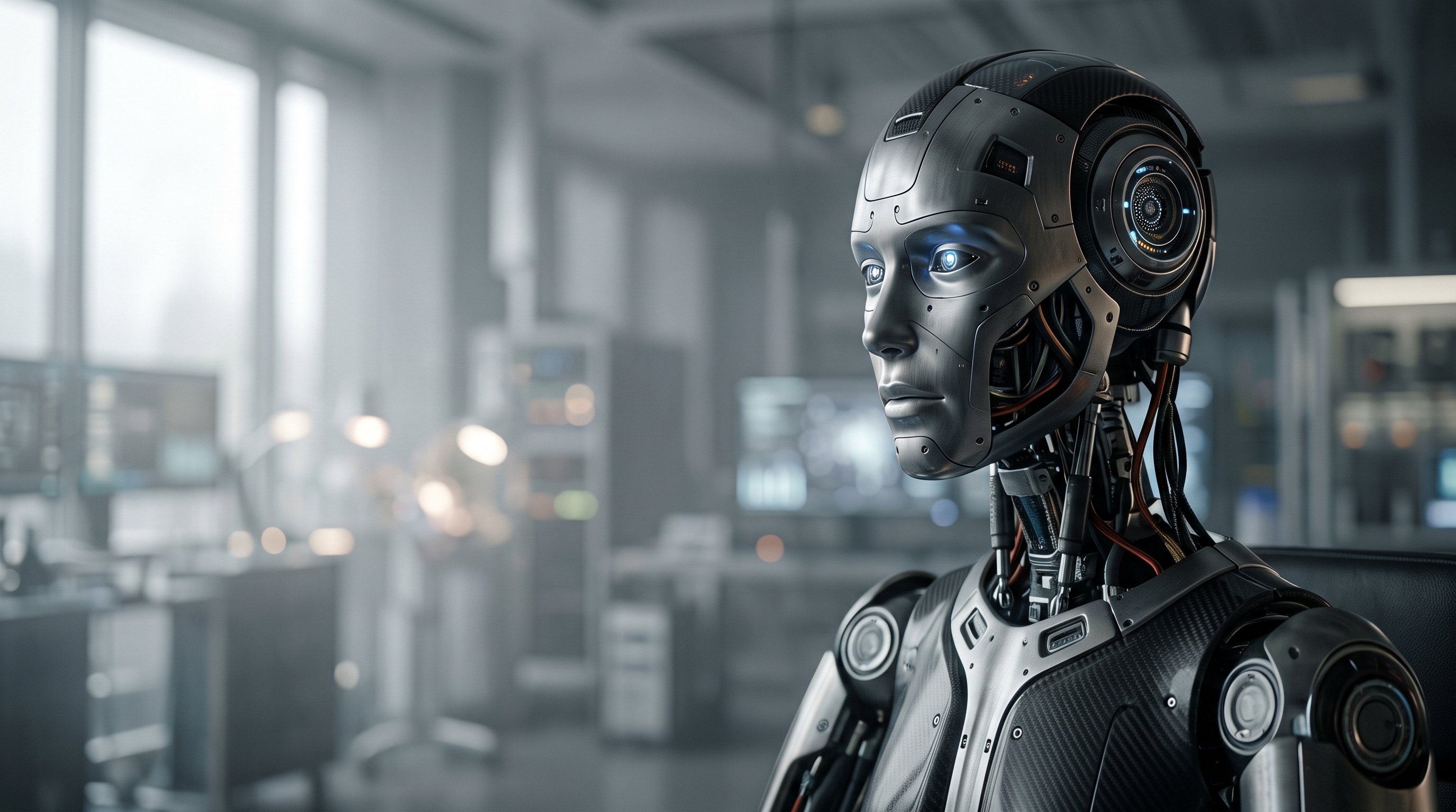 Cinematic film still of humanoid robot in a futuristic lab, close-up detail with shallow depth of field, misty morning haze, dreamy, 16:9 aspect ratio