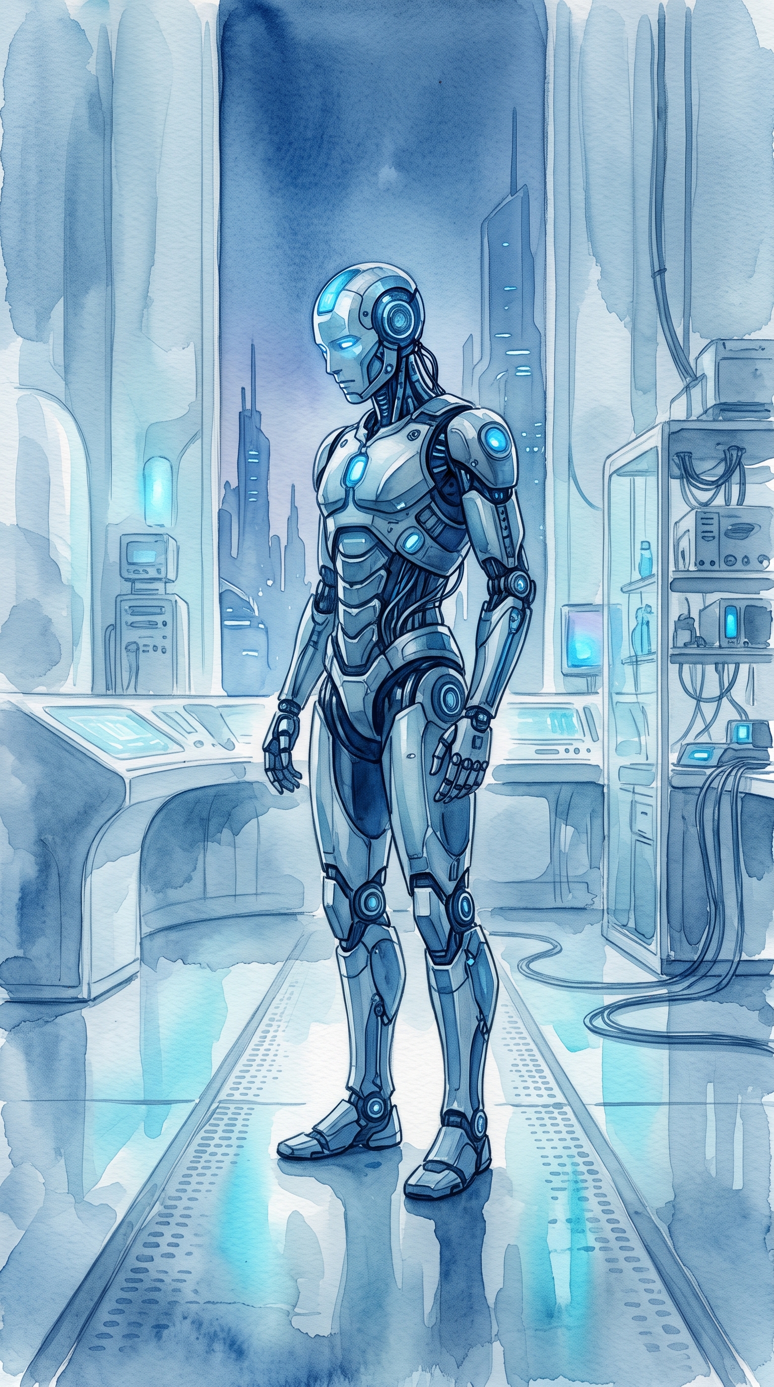 Watercolor illustration of humanoid robot in a futuristic lab, centered subject with a simple uncluttered composition, cool blue tones, quiet atmosphere, 9:16 aspect ratio