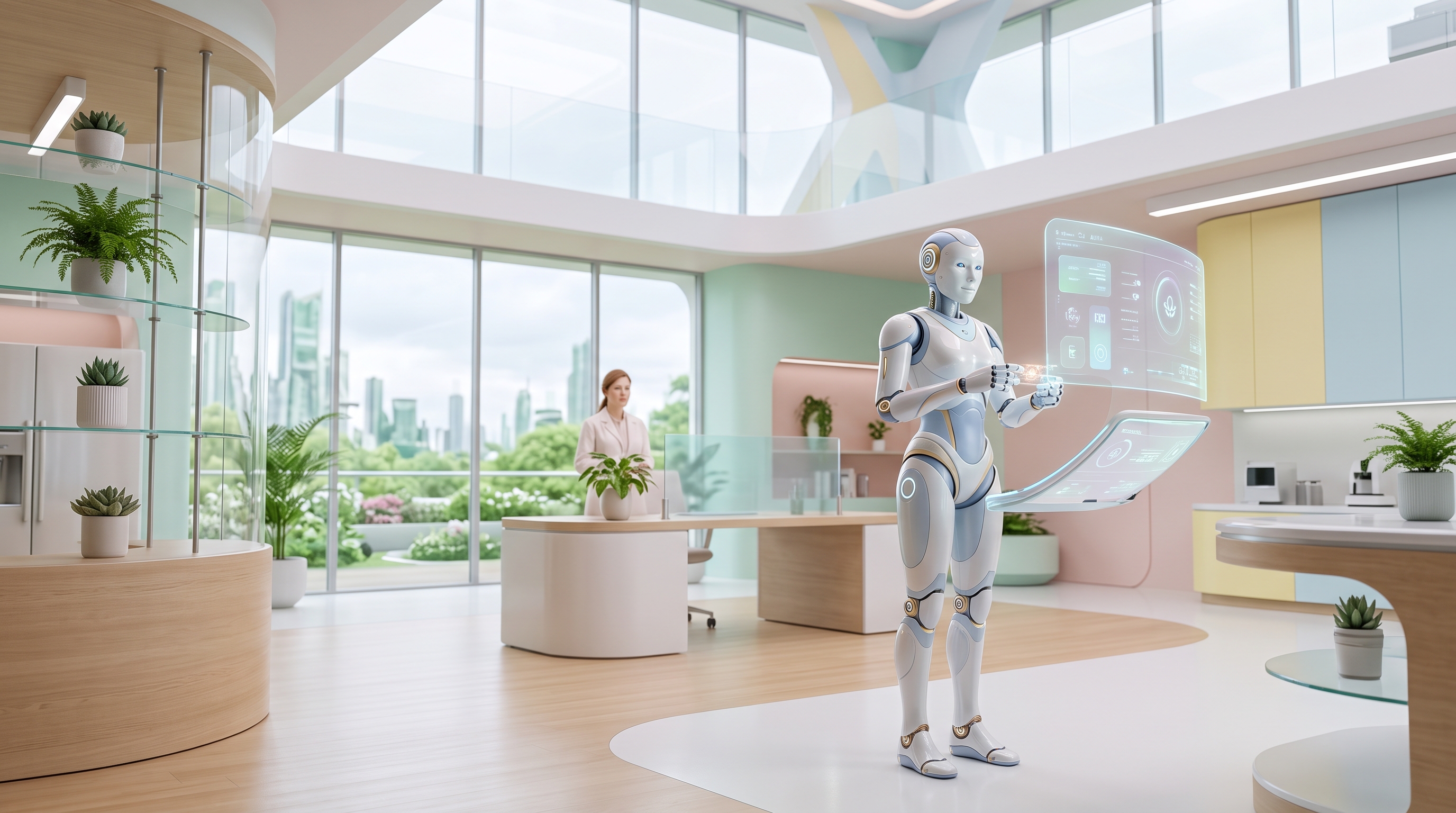 Photorealistic photo of humanoid robot in a futuristic lab, wide shot with open space at the top for text, soft pastel colors, bright and cozy, 16:9 aspect ratio