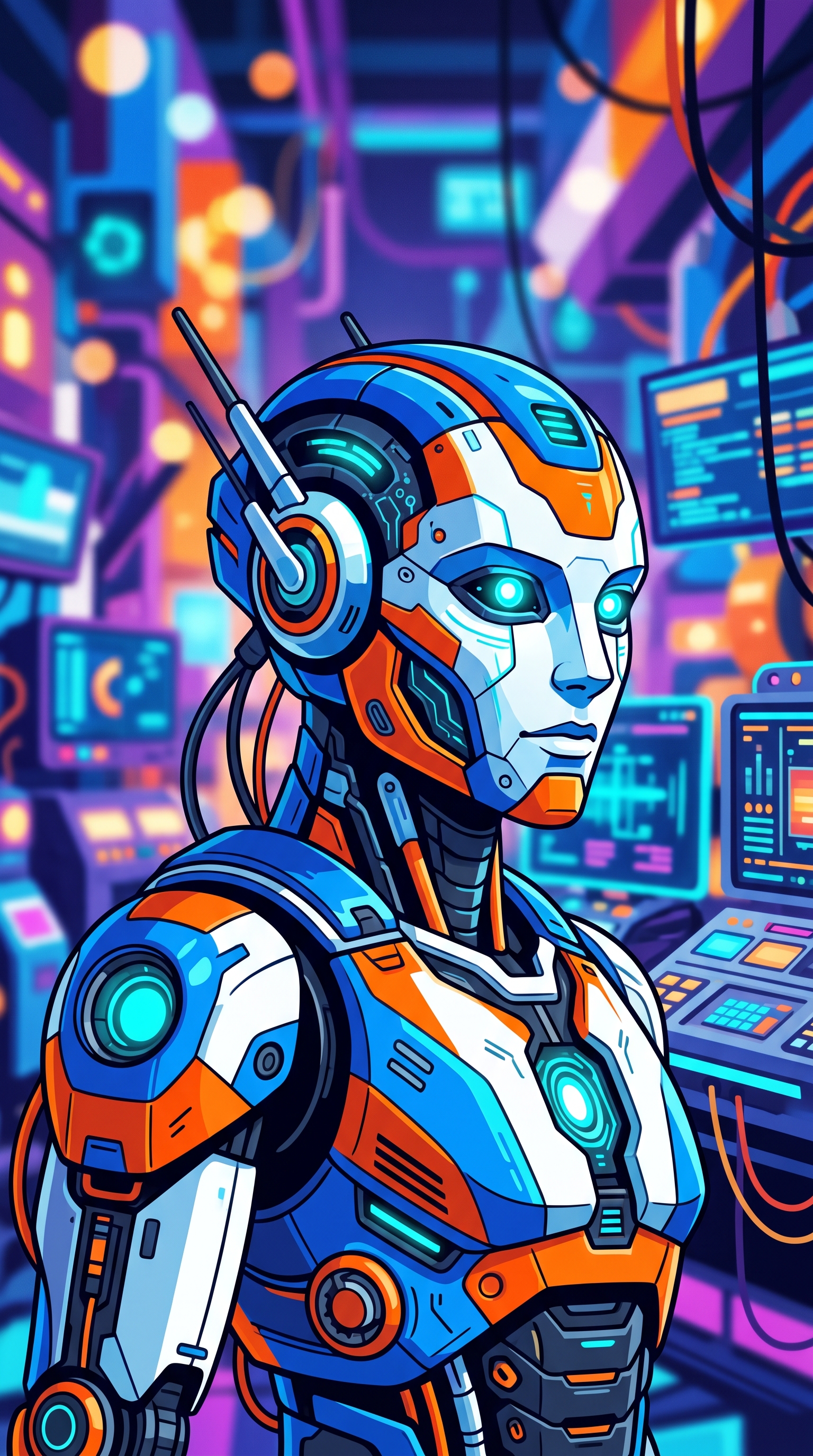 Minimal flat illustration of humanoid robot in a futuristic lab, close-up detail with shallow depth of field, vivid colors, high contrast, energetic, 9:16 aspect ratio