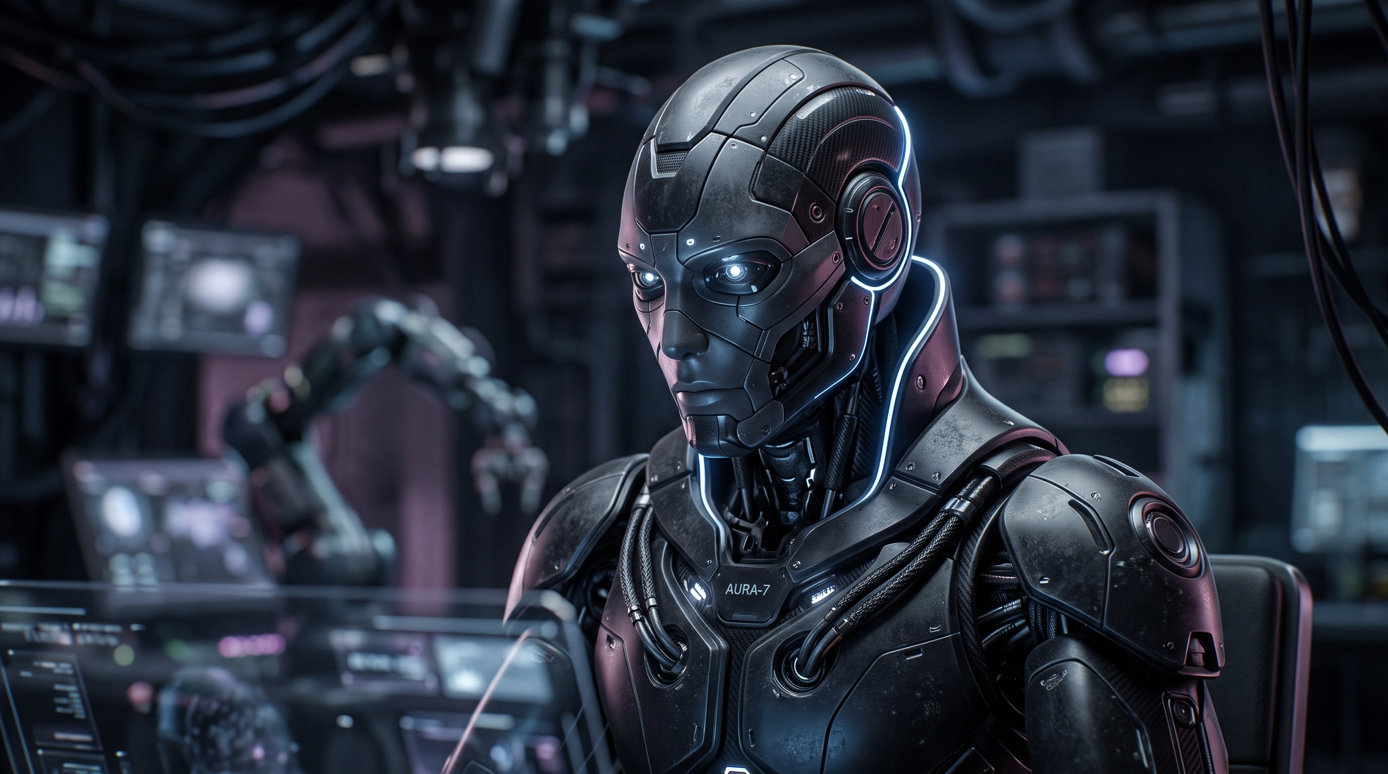 Soft 3d render of humanoid robot in a futuristic lab, close-up detail with shallow depth of field, moody dark tones, dramatic lighting, 16:9 aspect ratio