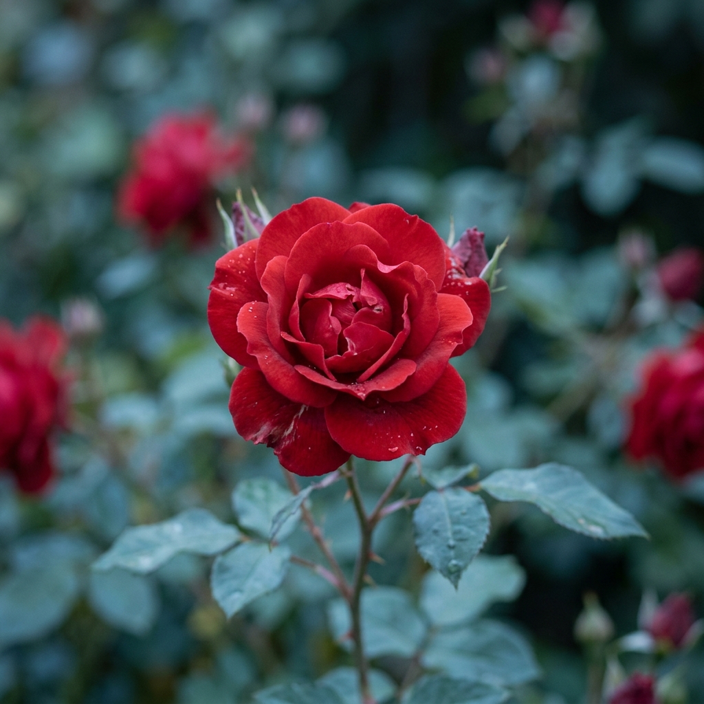 Photorealistic photo of red roses, close-up detail with shallow depth of field, cool blue tones, quiet atmosphere, 1:1 aspect ratio