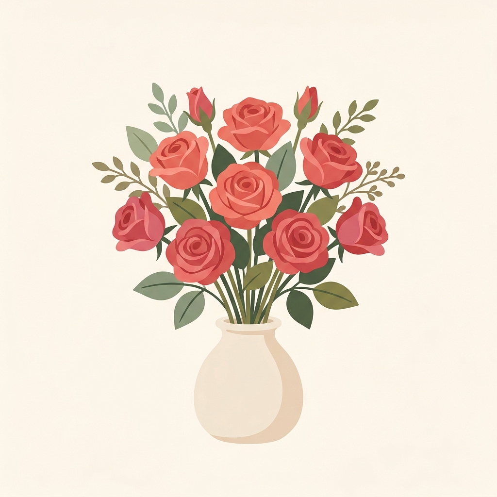 Minimal flat illustration of red roses, centered subject with a simple uncluttered composition, soft pastel colors, bright and cozy, 1:1 aspect ratio