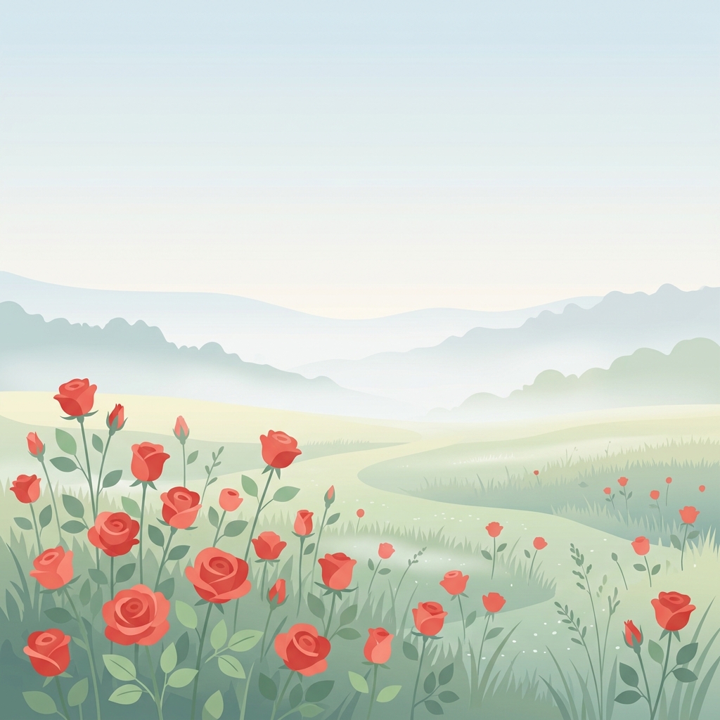 Minimal flat illustration of red roses, wide shot with open space at the top for text, misty morning haze, dreamy, 1:1 aspect ratio