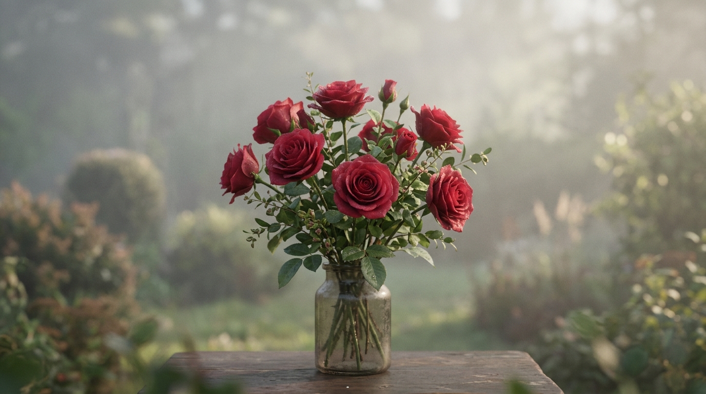 Soft 3d render of red roses, centered subject with a simple uncluttered composition, misty morning haze, dreamy, 16:9 aspect ratio